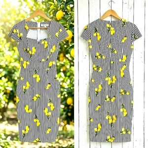 Grace Karin Lemon Print Pin Striped Cap Sleeve Bodycon Pencil Dress XL 98%cotton